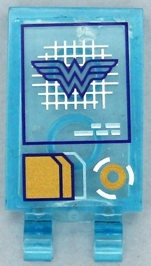 Lego Tile, Modified 2 x 3 with 2 Open O Clips with Head-Up Display (HUD) with Dark Purple Wonder Woman Logo on White Grid, Gold and Metallic Light Blue Documents and Lines Pattern (Sticker) - Set 41239 / Trans-Light Blue