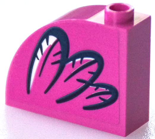 Lego Slope, Curved 3 x 1 x 2 with Hollow Stud with 3 Dark Blue Feathers with White Highlights Pattern Model Left Side (Sticker) - Set 41433 / Dark Pink