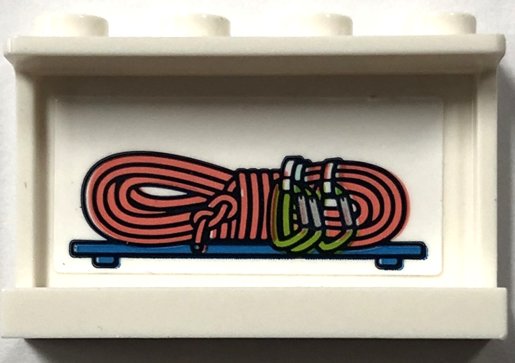 Lego Panel 1 x 4 x 2 with Side Supports - Hollow Studs with Coral Rock Climbing Rope and Carabiners on Shelf Pattern (Sticker) - Set 41744 / White