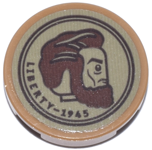 Lego Tile, Round 2 x 2 with Bottom Stud Holder with Dark Brown and Reddish Brown Coin Penny with Lincoln Profile and 'LIBERTY - 1945' Pattern (Sticker) - Set 76271 / Medium Nougat