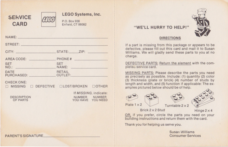 Lego 1984 Insert - Service Card US (199297)