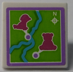 Lego Road Sign 2 x 2 Square with Clip with Map with River and Magenta Animals Pattern (Sticker) - Set 41038