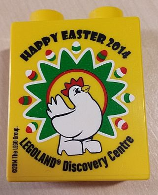 Lego Duplo, Brick 1 x 2 x 2 with Happy Easter 2014 LEGOLAND Discovery Centre Pattern / Yellow