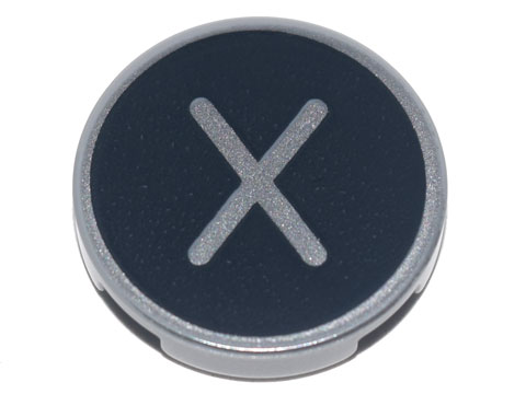 Lego Tile, Round 2 x 2 with Bottom Stud Holder with Silver Capital Letter X on Black Background Pattern