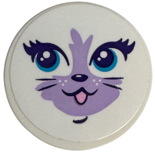 Lego Tile, Round 3 x 3 with Cat Face with Dark Turqoise Eyes, Medium Lavender Muzzle, Bright Pink Tongue Pattern (Sticker) - Set 41718
