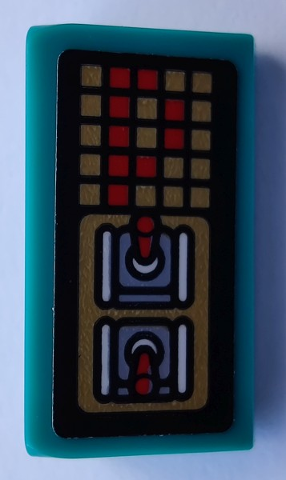 Lego Slope 30 1 x 2 x 2/3 with 2 Red Toggle Switches on Gold Background and Gold Pixelated Display with Letter P Pattern (Sticker) - Set 80012
