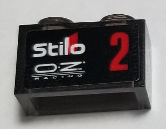 Lego Brick 1 x 2 without Bottom Tube with White 'Stilo', 'OZ RACING' and Red Number 2 Pattern Model Right Side (Sticker) - Set 75885 / Trans-Brown