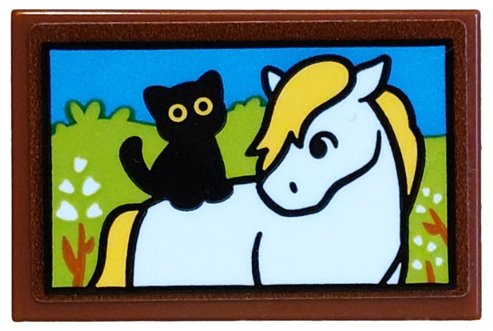 Lego Tile 2 x 3 with Painting of Pony Bramble and Cat Pluto in Grass with Flowers Pattern (Sticker) - Set 42654 / Reddish Brown