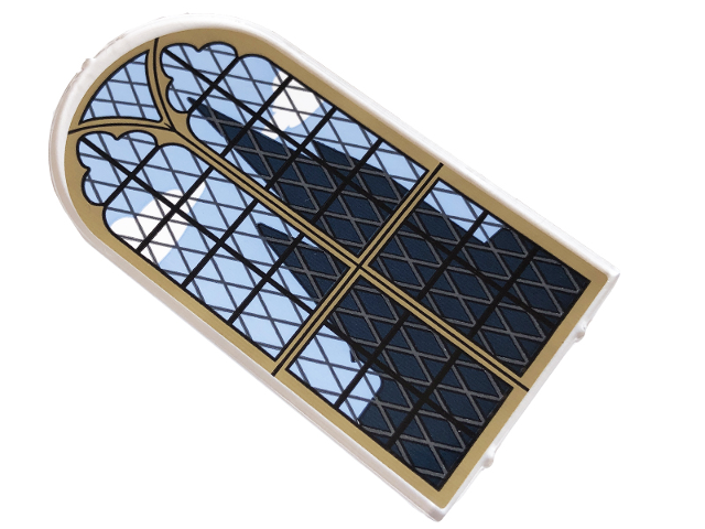 Lego Glass for Door Frame 1 x 6 x 7 Arched with Notches and Rounded Pillars with Lattice Window with Dark Tan Frame and Dark Blue Castle Silhouette Pattern (Sticker) - Set 76409