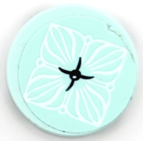 Lego Tile, Round 2 x 2 with Bottom Stud Holder with Cushion with White Flower Petals and Black Button Pattern (Sticker) - Set 41365 / Light Aqua