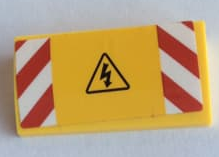 Lego Slope, Curved 2 x 4 x 2/3 with Bottom Tubes with Red and White Danger Stripes and Electricity Danger Triangle Pattern (Sticker) - Set 60132 / Yellow