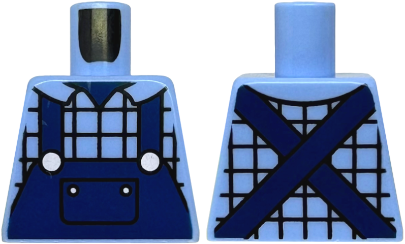 Lego Torso Plaid Shirt with Collar, Dark Blue Overalls with Pocket and Silver Buttons Pattern / Bright Light Blue