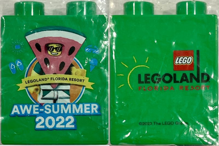 Lego Duplo, Brick 1 x 2 x 2 with LEGOLAND Florida Resort Awe-Summer 2022, Watermelon Dude Minifigure Pattern