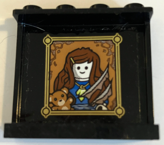 Lego Panel 1 x 4 x 3 with Side Supports - Hollow Studs with Torn Portrait Painting of Female Minifigure and Teddy Bear in Gold Frame Pattern (Sticker) - Set 70425