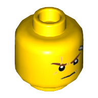 Lego Minifig Head Kai, Reddish Brown Eyebrows, Medium Nougat Scar, Bandage, Lopsided Grin with Teeth / Determined Print / Yellow