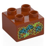 Lego Duplo Brick 2 x 2 with Red, Blue, Lime Leaves, Acorns Print / Dark Orange