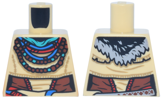 Lego Torso Female Robe, Dark Turquoise Scarf, Red, Blue and Reddish Brown Necklaces, High Skirt Flap Pattern / Tan