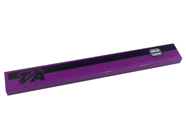 Lego Tile 1 x 8 with Black Stripe, 'T/A' and Silver Car Door Handle Pattern Model Left Side (Sticker) - Set 76904 / Dark Purple