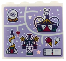 Lego Panel 1 x 4 x 3 with Side Supports - Hollow Studs with Fun Fair Map with Ice Creams, Crystal Ball, Ferris Wheel, Slide, Tent with Rabbit in Hat and Iridescent Mirrored Stars Pattern (Sticker) - Set 41689 / White