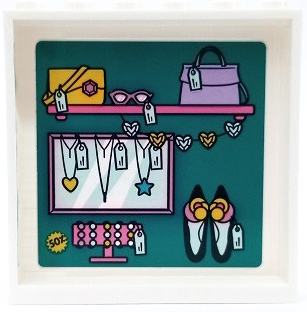 Lego Panel 1 x 6 x 5 with Shelf, Mirror, Handbags, Necklaces, Shoes and Price Tags on Dark Turquoise Background Pattern (Sticker) - Set 41450