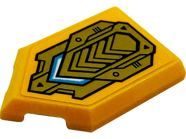 Lego Tile, Modified 2 x 3 Pentagonal with Gold Armor Plates with White and Medium Azure Stripes Pattern (Sticker) - Set 71833