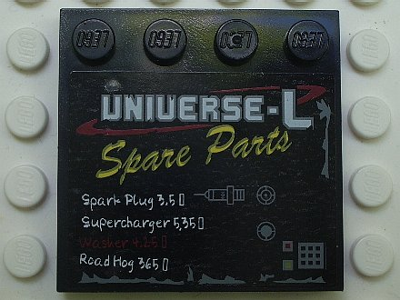 Lego Tile, Modified 4 x 4 with Studs on Edge with 'UNIVERSE-L Spare Parts' and Price List Pattern (Sticker) - Set 5980