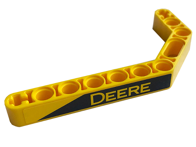 Lego Technic, Liftarm, Modified Bent Thick 1 x 11.5 Double with Black Stripe and Yellow 'DEERE' Pattern Model Right Side (Sticker) - Set 42136