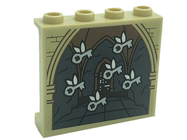 Lego Panel 1 x 4 x 3 with Side Supports - Hollow Studs with Flying Keys, Arch and Bricks Pattern (Sticker) - Set 71043 / Tan