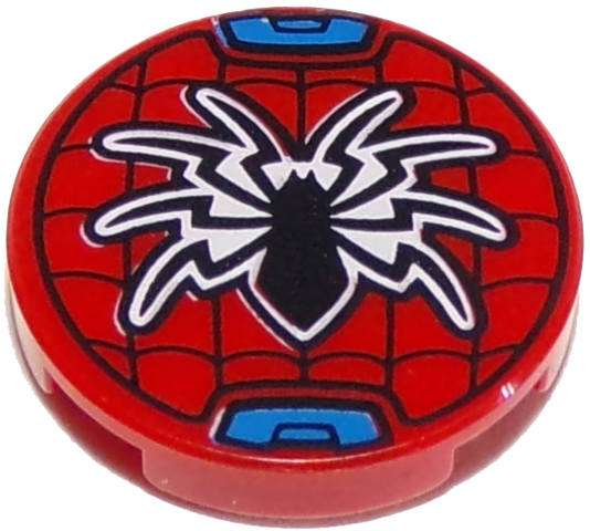 Lego Tile, Round 2 x 2 with Bottom Stud Holder with Black Spider and Web Pattern / Red