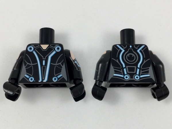 Lego Torso Female with White/Blue Curved Lines and Dark Bluish Gray Markings Pattern / Black Arms with Light Nougat Shoulder and Blue Line Pattern / Black Hands