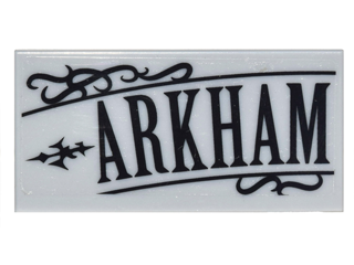Lego Tile 2 x 4 with Black Scrollwork and 'ARKHAM' Pattern (Sticker) - Set 10937 / Light Bluish Gray