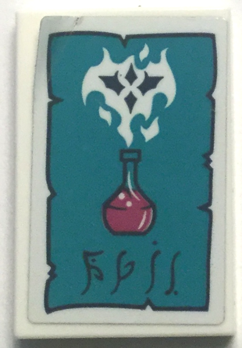 Lego Tile 2 x 3 with Dark Turquoise Paper, Dark Blue and Magenta Elves Potion Flask and Writing Pattern (Sticker) - Set 41194 / White