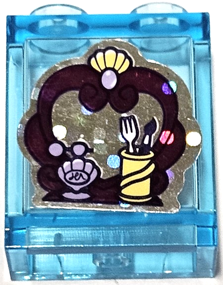 Lego Panel 1 x 2 x 2 with Side Supports - Hollow Studs with Mirror, Bright Light Yellow and Lavender Clam Shells, Brush and Fork in Pot on Silver Holographic Background Pattern (Sticker) - Set 41162