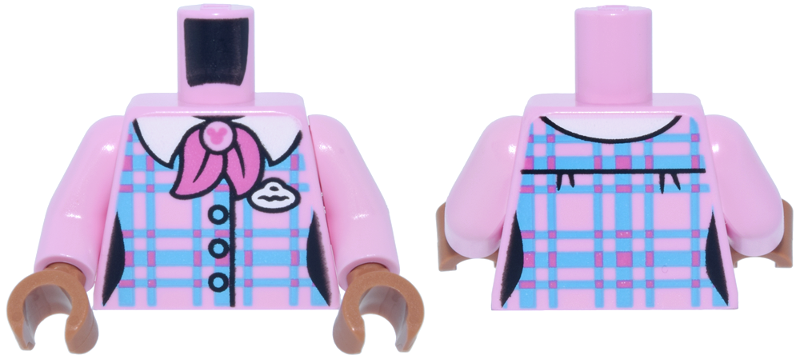 Lego Torso Female Medium Azure and Dark Pink Plaid Shirt, Ascot and Mickey Mouse Clasp, White Collar and Badge Pattern / Bright Pink Arms / Sienna Hands