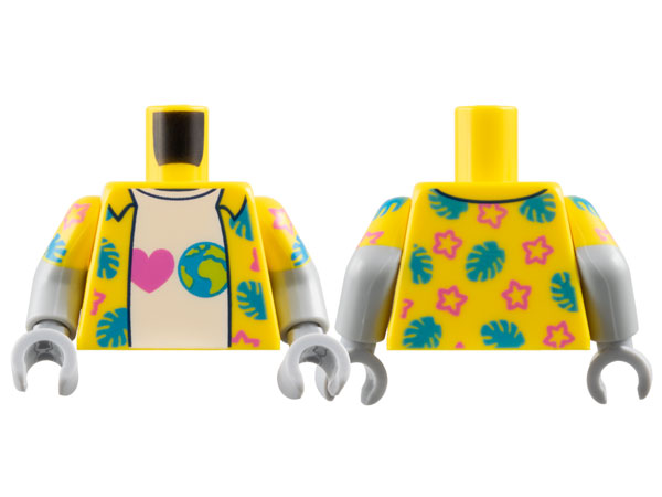 Lego Torso Hawaiian Shirt Open with Dark Azure Leaves and Dark Pink Stars over White T-Shirt with Heart and Earth Pattern / Light Bluish Gray Arms with Molded Yellow Short Sleeves and Printed Dark Azure Leaves and Dark Pink Stars Pattern / Light Bluish Gray Hands