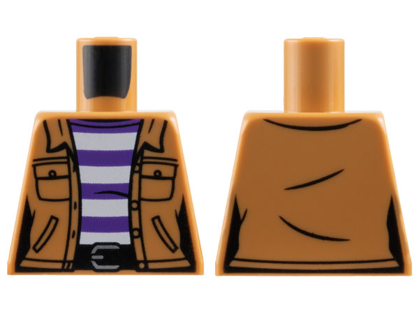 Lego Torso Female Jacket with Pockets over White and Dark Purple Striped Shirt, Black Belt with Silver Buckle Pattern / Medium Nougat