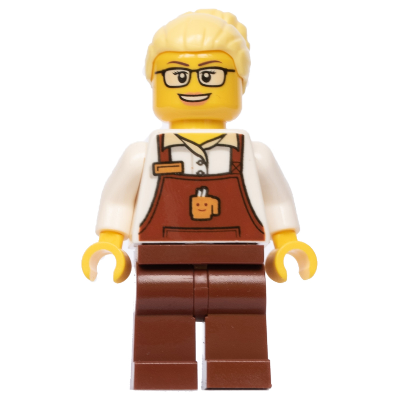 Lego Barista, Woman, White Torso, Reddish Brown Apron, Bright Light Yellow Hair