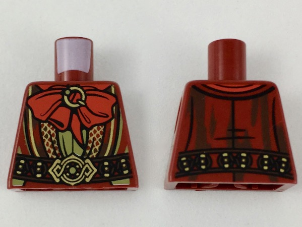 Lego Torso LotR Robe with Large Red Bow, Gold Trim, and Ornate Gold Belt Buckle Pattern / Dark Red