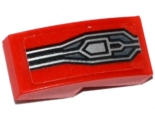 Lego Slope, Curved 2 x 1 x 2/3 with Silver Lines and Pentagon on Red Background Pattern (Sticker) - Set 70314 / Red