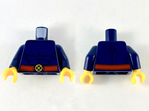 Lego Torso Bare Chest with Muscles Outline and Red Belt with X-Men Logo Belt Buckle Pattern / Dark Blue Arms / Bright Light Orange Hands
