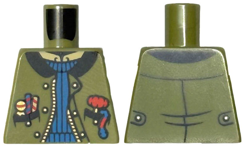 Lego Torso Jacket Open with Black Collar, Blue Sweater, Lollipops and Candy Canes in Pockets Pattern / Olive Green