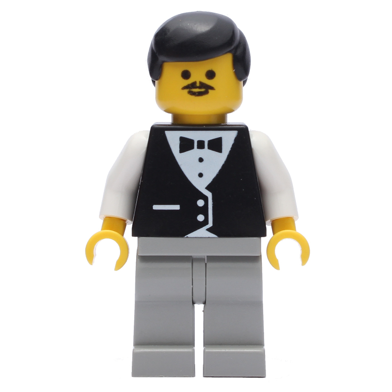Lego Waiter, Black Vest over White Shirt with Bow Tie, Light Gray Legs, Black Hair, Moustache
