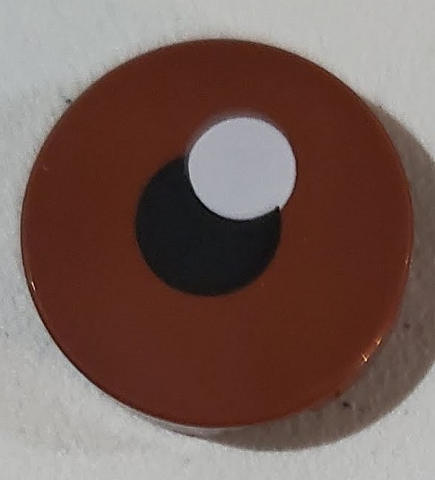Lego Tile, Round 2 x 2 with Bottom Stud Holder with Black Pupil and White Glint Pattern / Reddish Brown