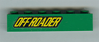Lego Brick 1 x 6 with Yellow 'OFF ROADER' Pattern Model Left Side (Sticker) - Set 4589 / Green