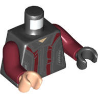 Lego Torso, Odd Hands, Vest with Collar, Dark Red Panels and Pockets with Silver Zippers Print, Dark Red Arms, Left Black Hand, Right Light Nougat Hand / Black