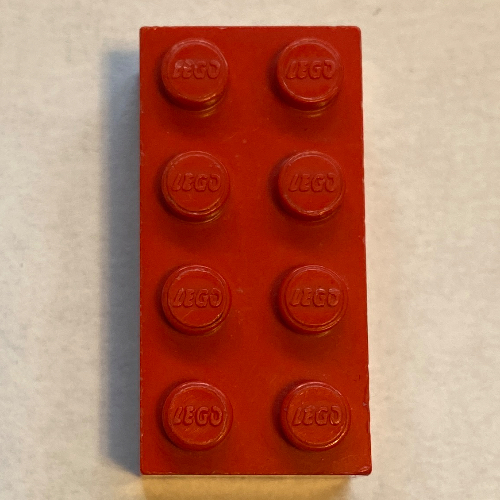 Lego Brick 2 x 4 with Old Logo on Studs and without Cross Supports / Red