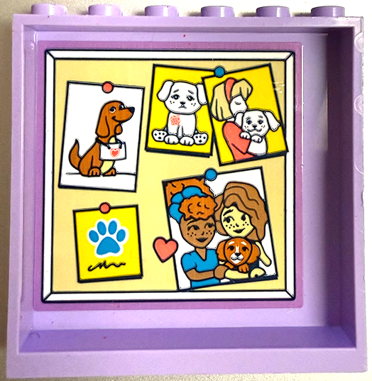 Lego Panel 1 x 6 x 5 with Tan Bulletin Board with Photos of Friends Minifigures, Dogs, Heart and Paw Print Pattern (Sticker) - Set 41727 / Lavender
