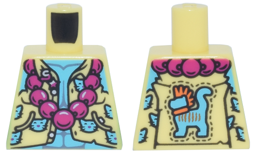Lego Torso Ripped Vest with Cats and Mo the Cat Emblem, Magenta Beaded Necklace over Medium Azure Bare Chest with Muscles Outline Pattern / Bright Light Yellow