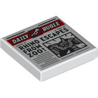 Lego Tile 2 x 2 with Newspaper Daily Bugle 'RHINO ESCAPES FROM ZOO!' Print