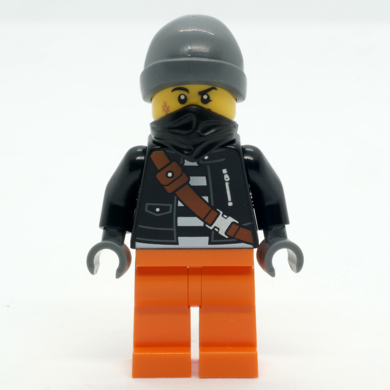 Lego Crook, Black Jacket, Orange Legs, Black Bandana, Dark Bluish Gray Hat